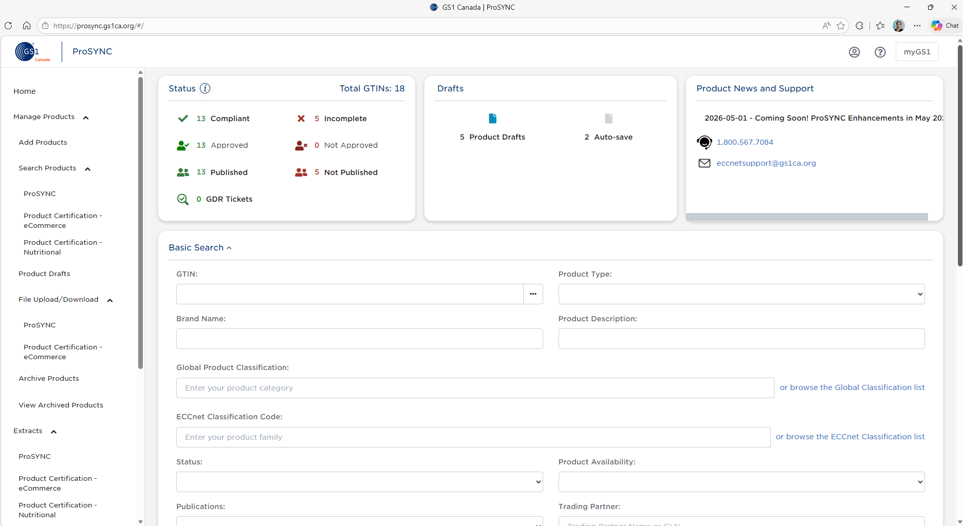 Legacy ProSYNC dashboard showing separate status, drafts, and search panels