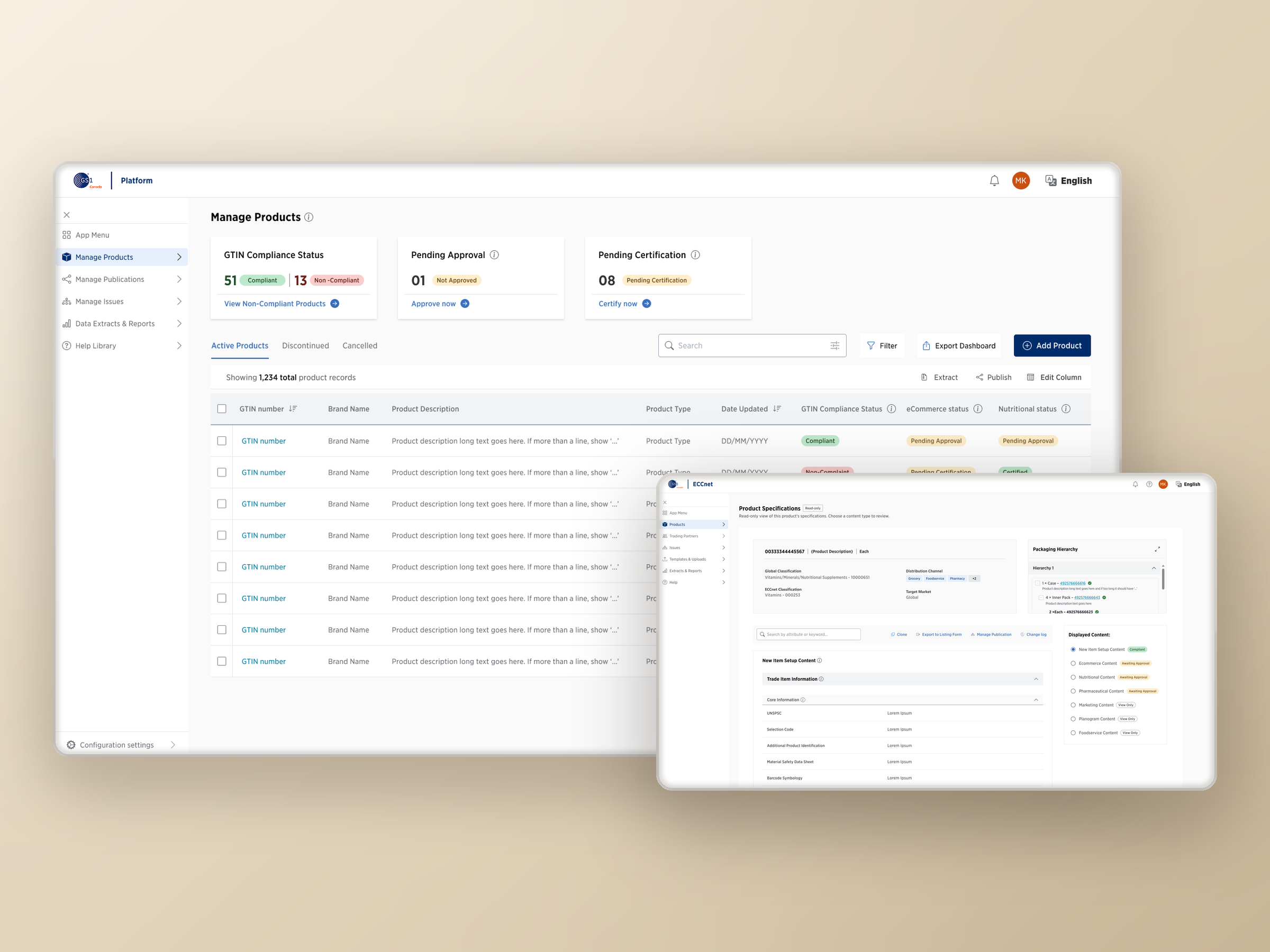 Stacked device views of the unified product management platform