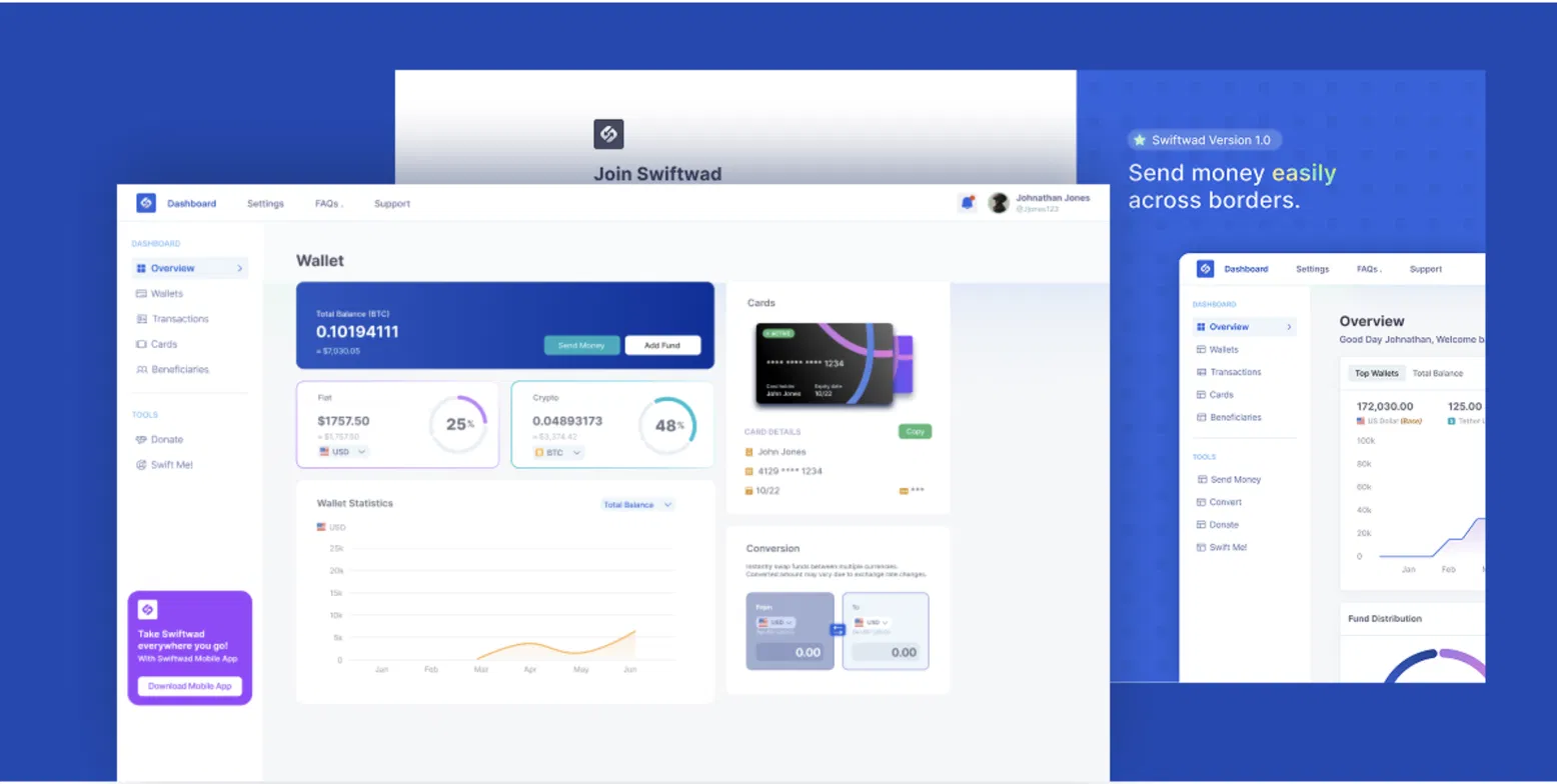 Swiftwad web dashboard showing balance, cards, and conversion tools