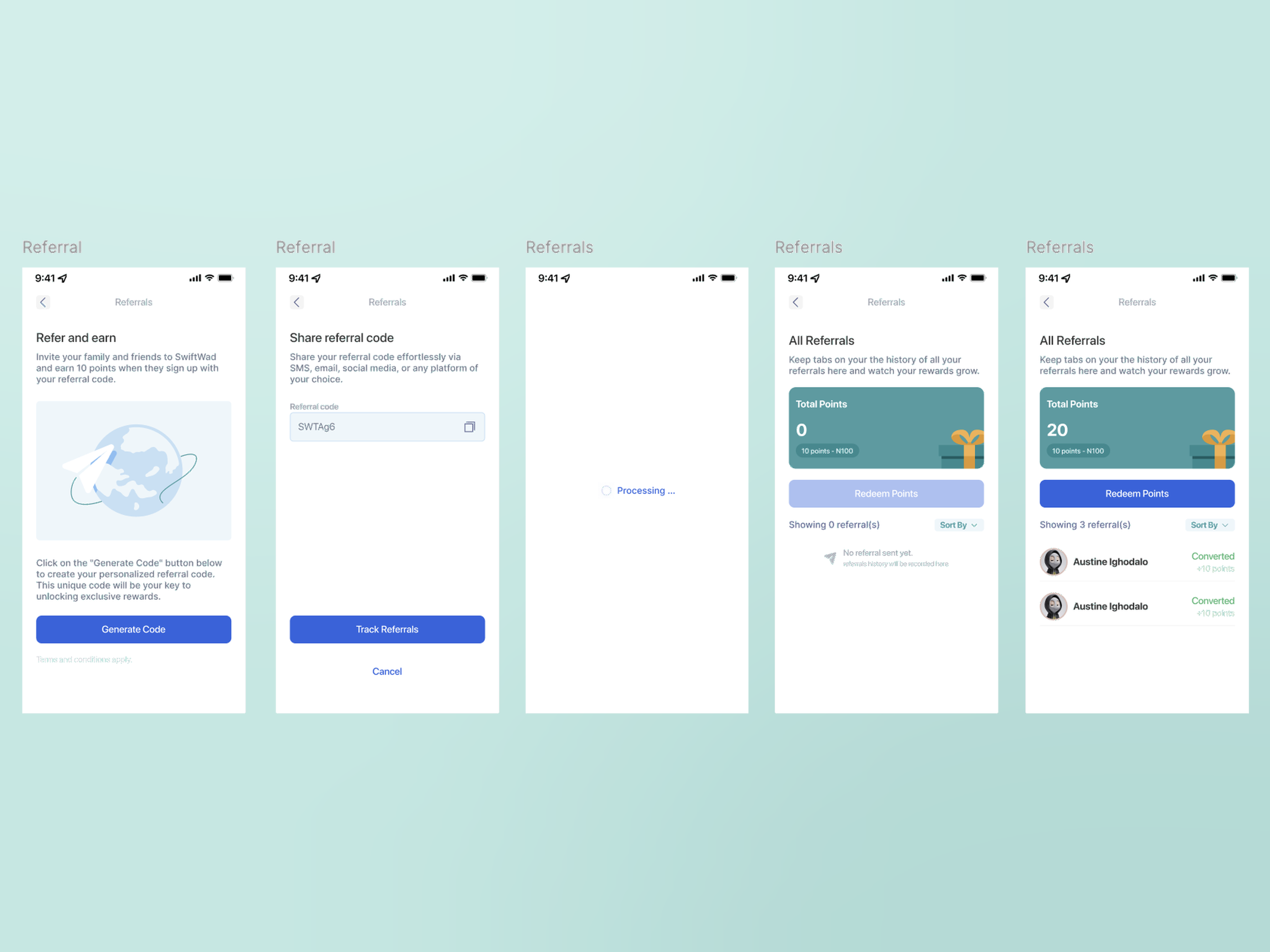 Swiftwad referral screens showing code sharing, tracking, and earned points