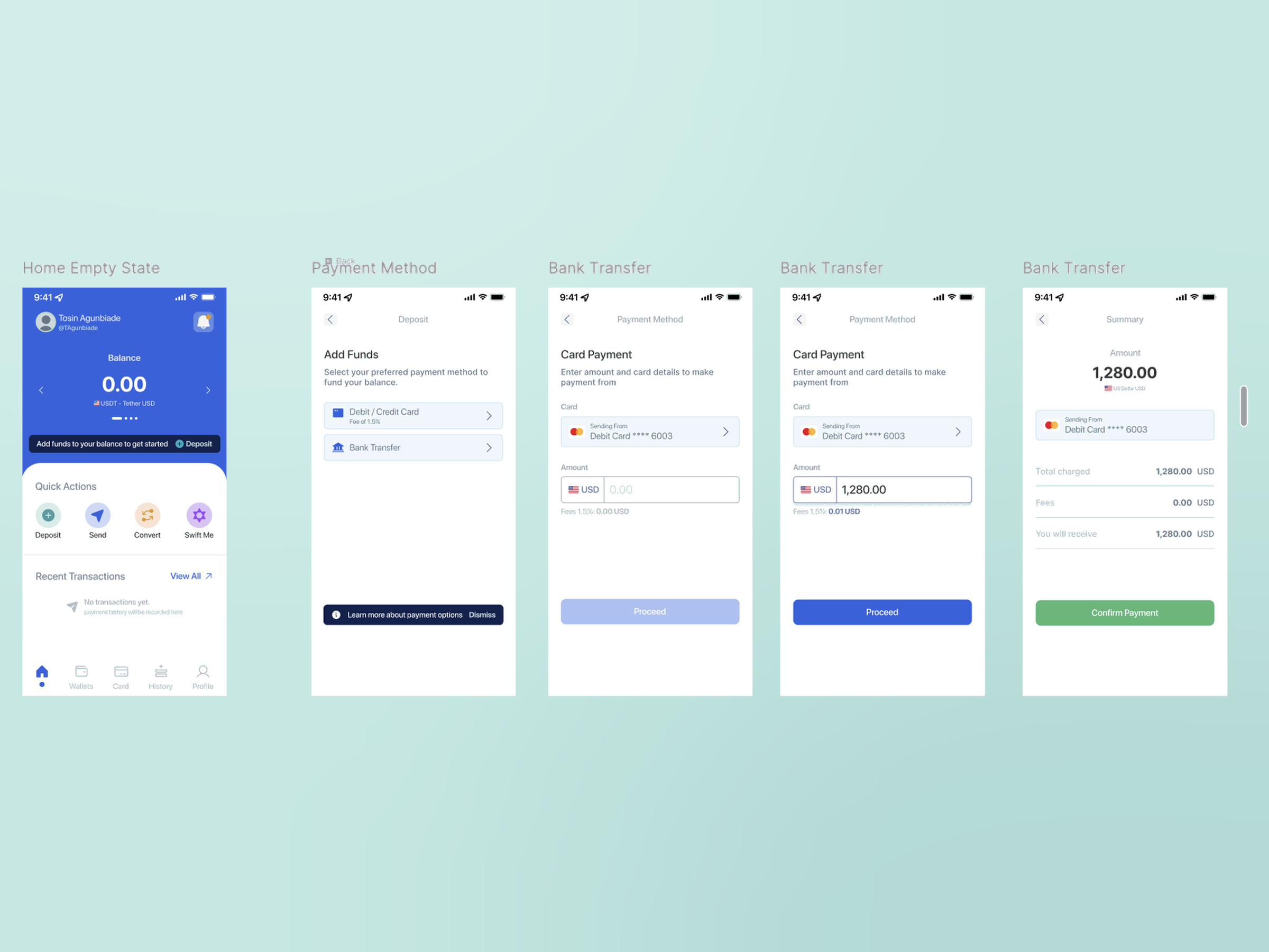 Swiftwad deposit and bank transfer flow from payment method selection through confirmation