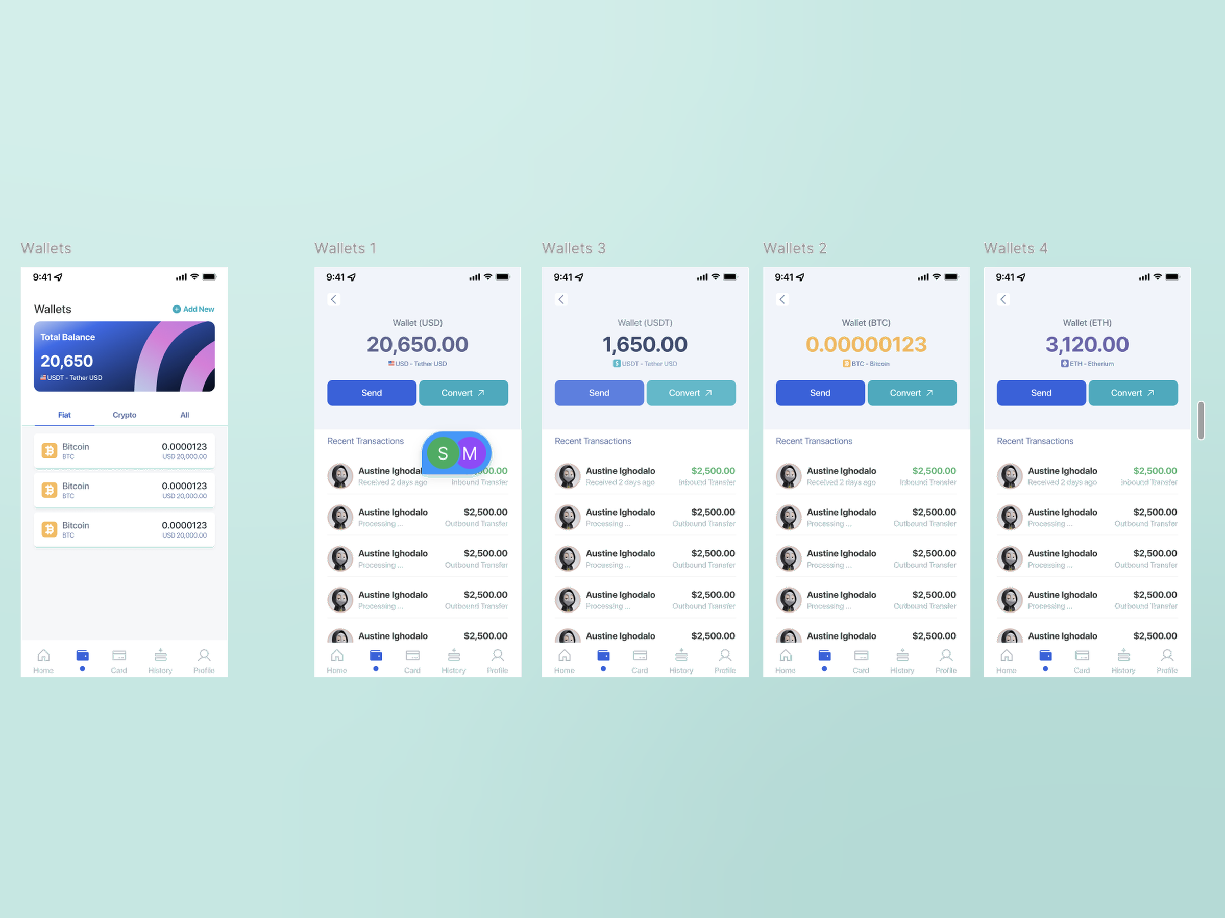 Swiftwad wallet screens showing USD, USDT, BTC, and ETH balances with send and convert actions